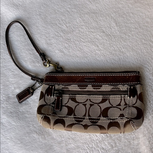 Coach Logo Wristlet Signature Logo Brown Leather Trim C Mini Purse - Picture 1 of 7